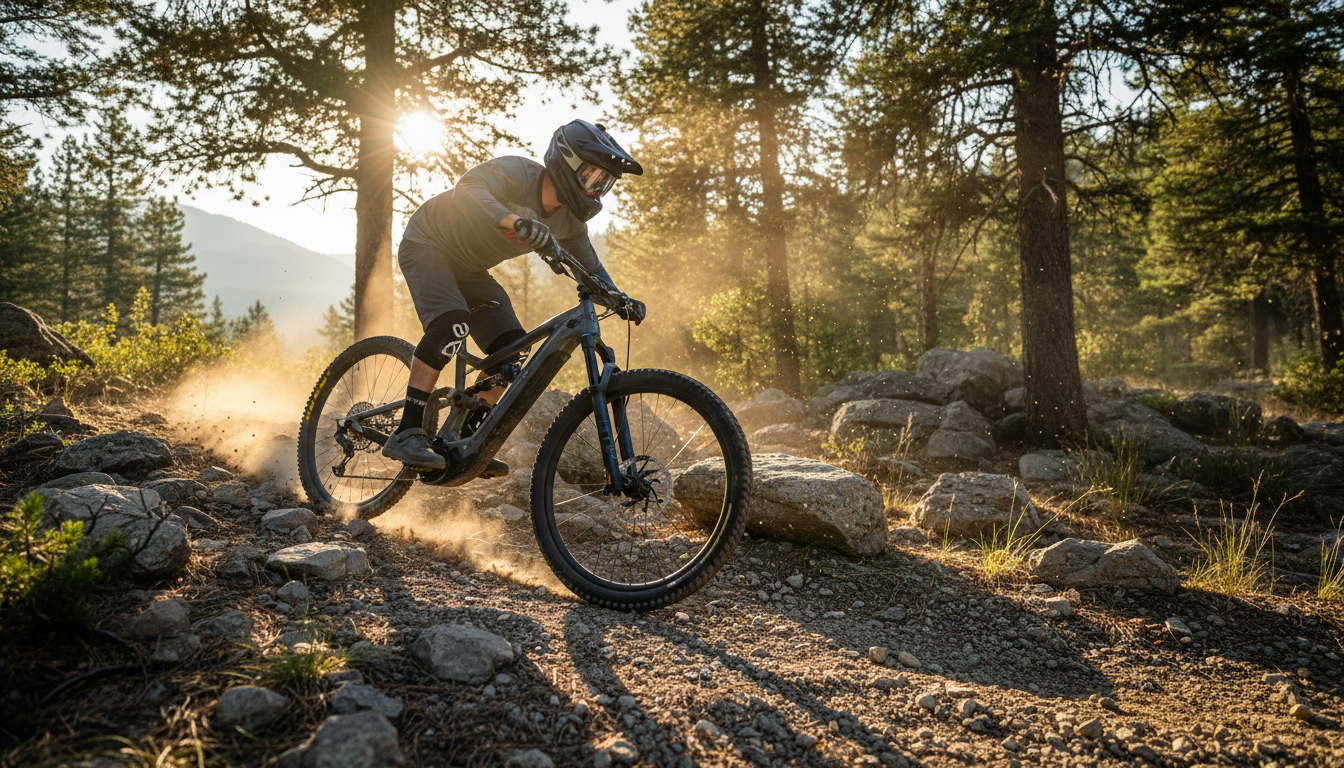 VTT électrique tout suspendu sur un sentier forestier