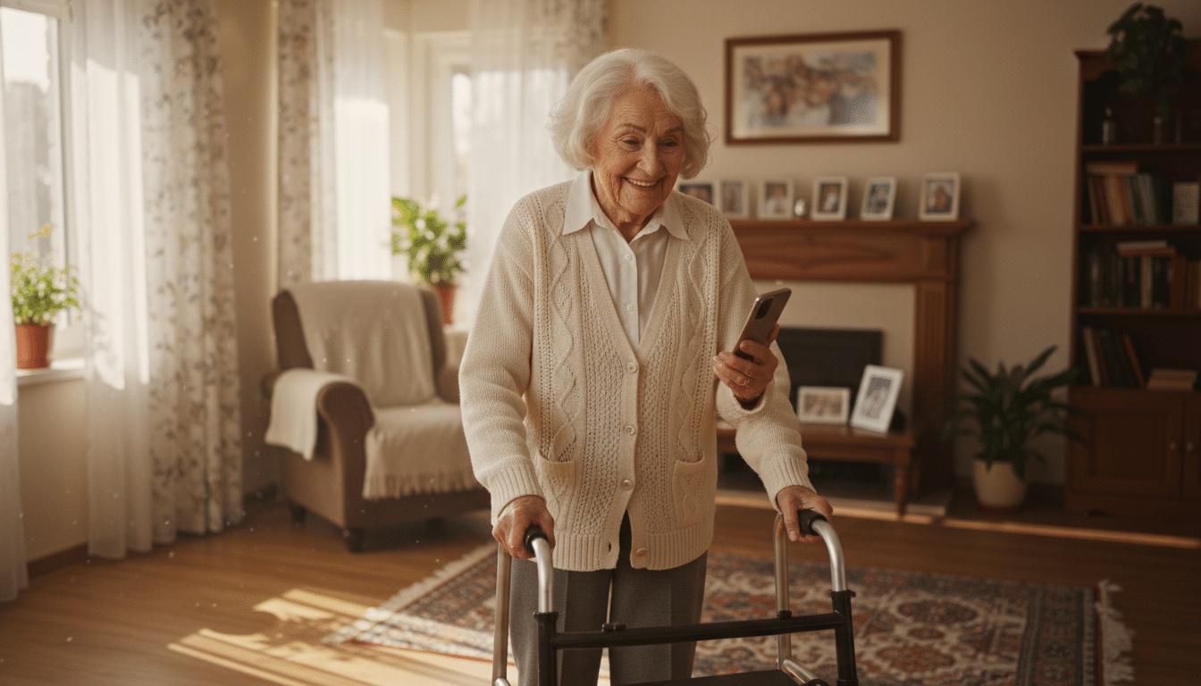 Femme centenaire marchant avec un déambulateur dans son salon