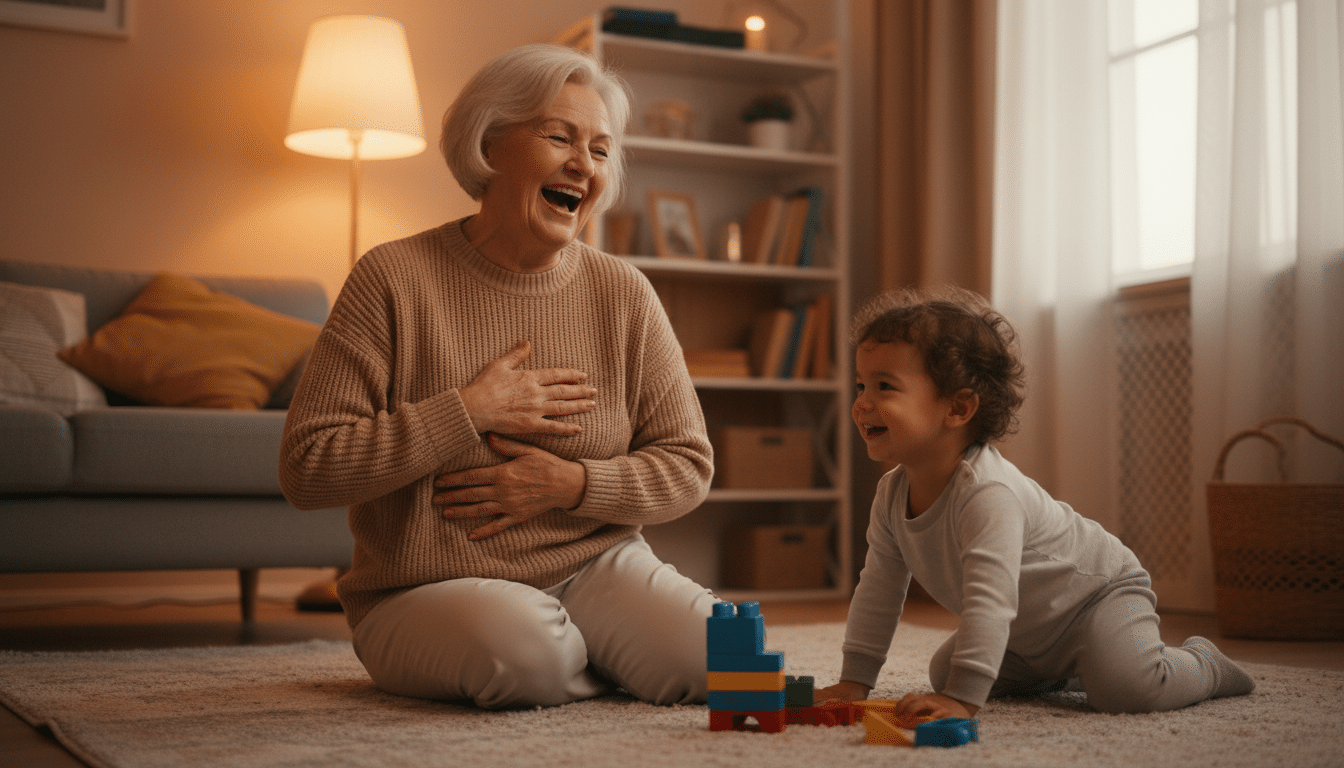 Femme centenaire riant en regardant un enfant jouer