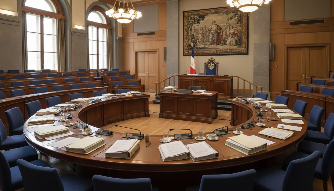 Salle de réunion politique avec documents sur une grande table de travail