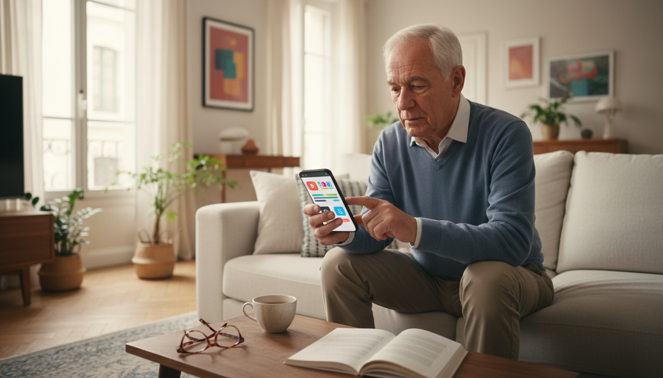 Senior utilisant l'application mobile des impôts sur smartphone