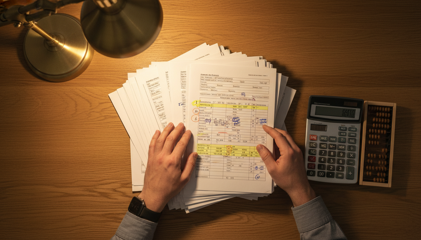 Documents fiscaux et calculatrice sur un bureau en bois