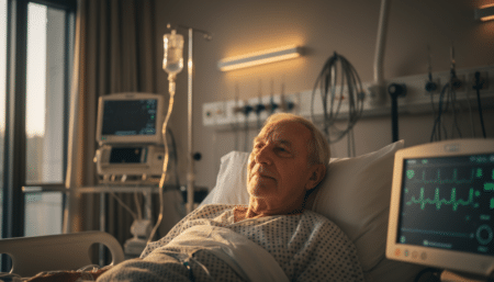 Patient âgé dans un lit d'hôpital en réanimation