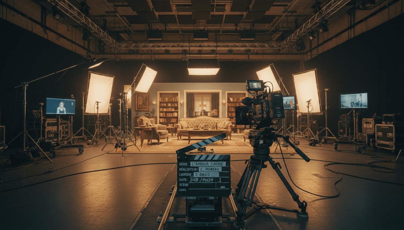 Plateau de tournage d'une fiction française avec matériel de production cinématographique