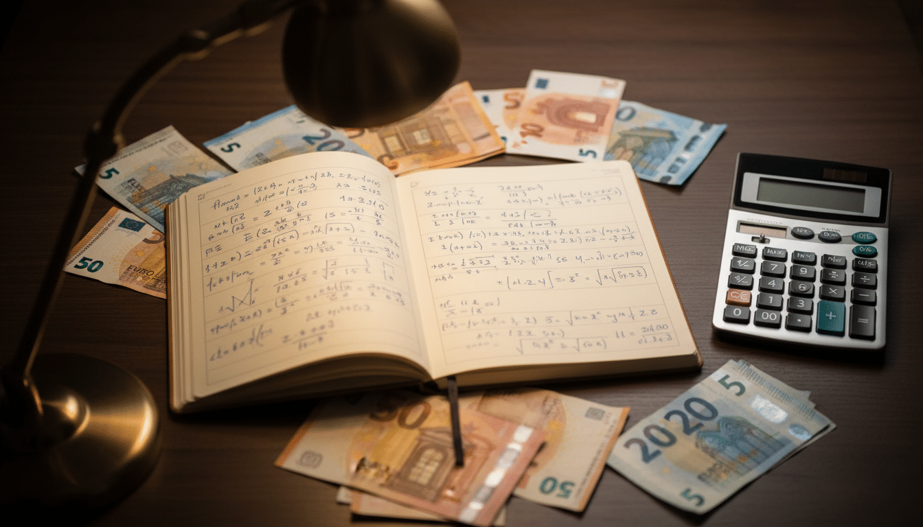 Calculs financiers et billets en euros sur un bureau