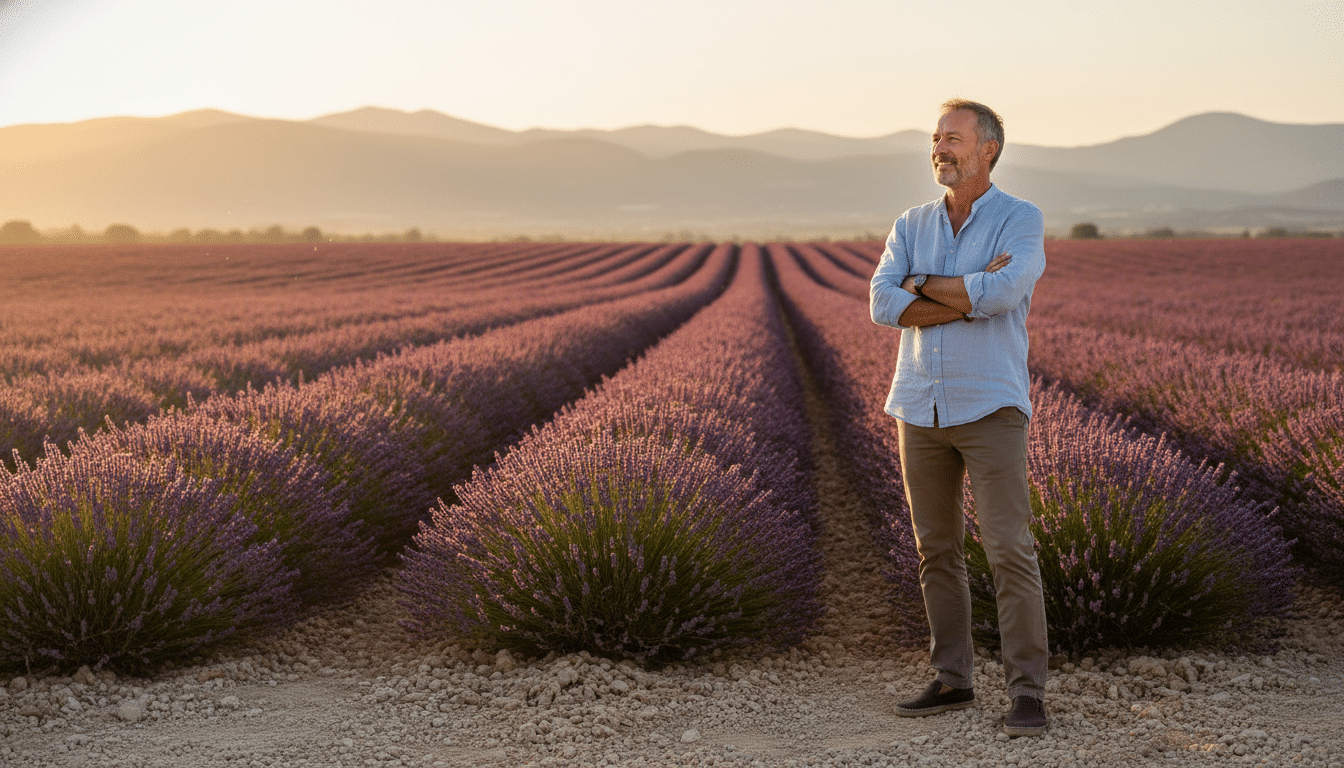Homme contemplant l'horizon dans un champ de lavande