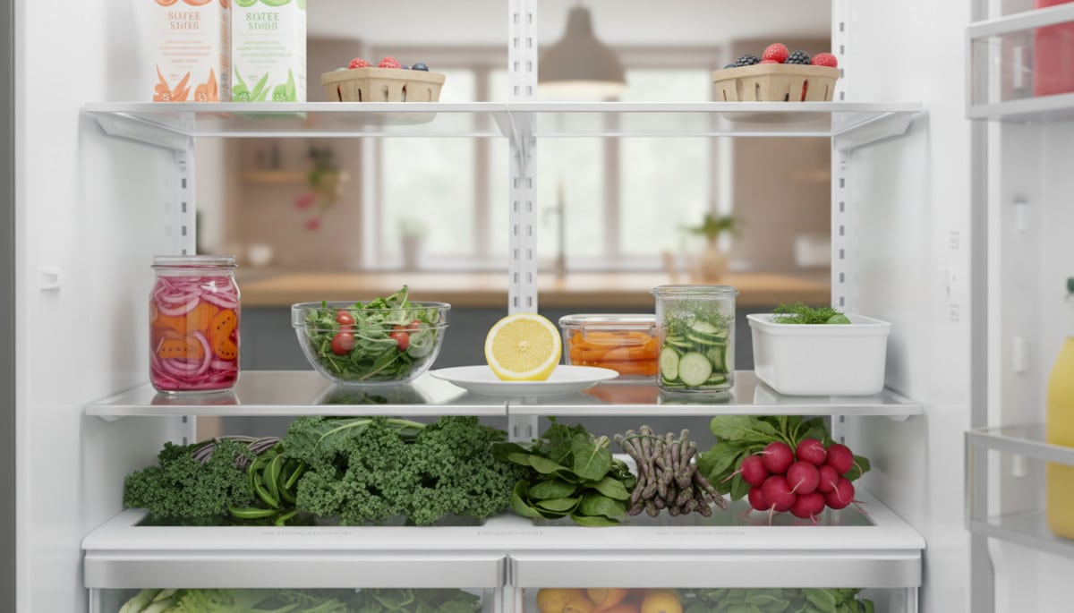 Demi-citron posé dans un réfrigérateur ouvert propre