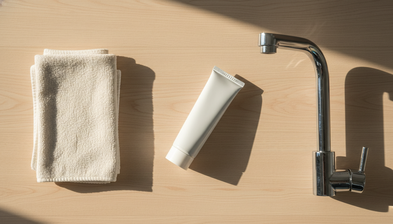 Dentifrice, chiffon et robinet chromé sur plan de travail