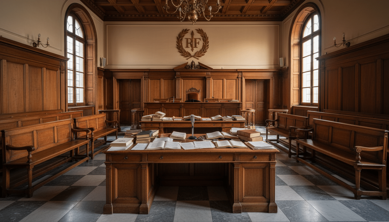 Salle d'audience vide du tribunal correctionnel de Paris, symbole de la procédure judiciaire abandonnée par Depardieu