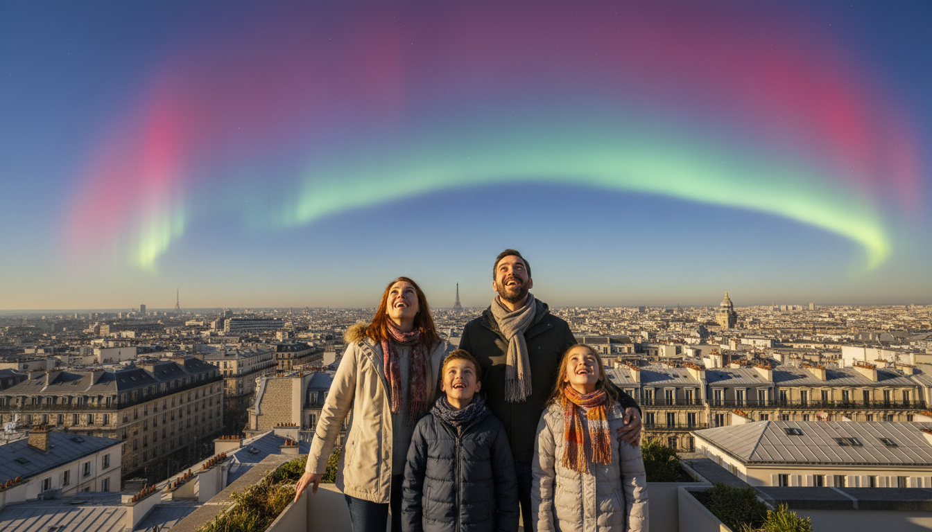 Famille observant des aurores boréales diurnes depuis un toit