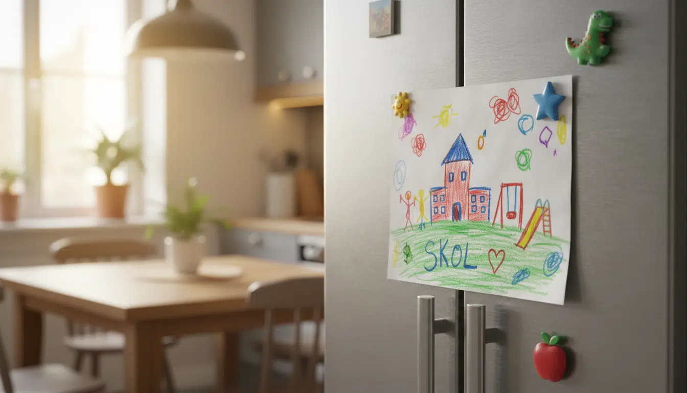 Dessin d'enfant accroché sur un réfrigérateur familial