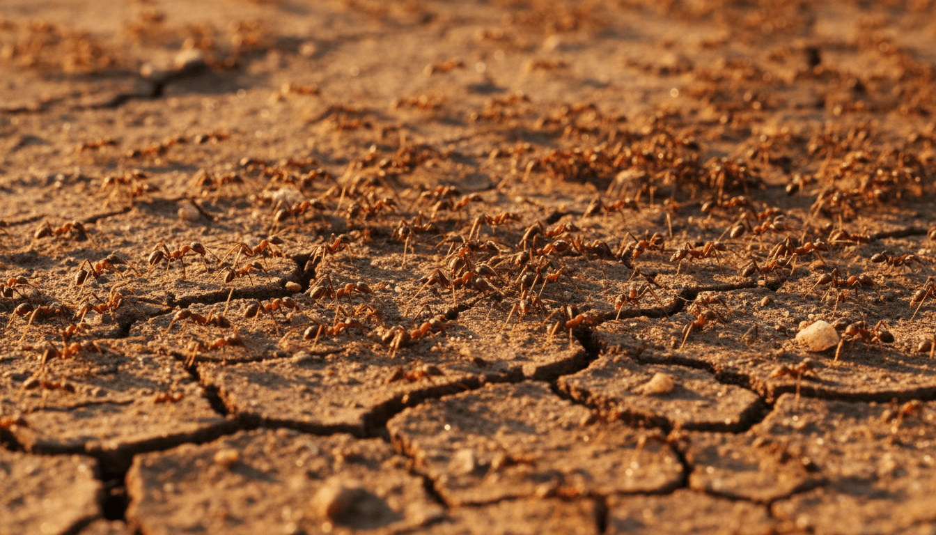 Des milliers de fourmis sur la terre sèche