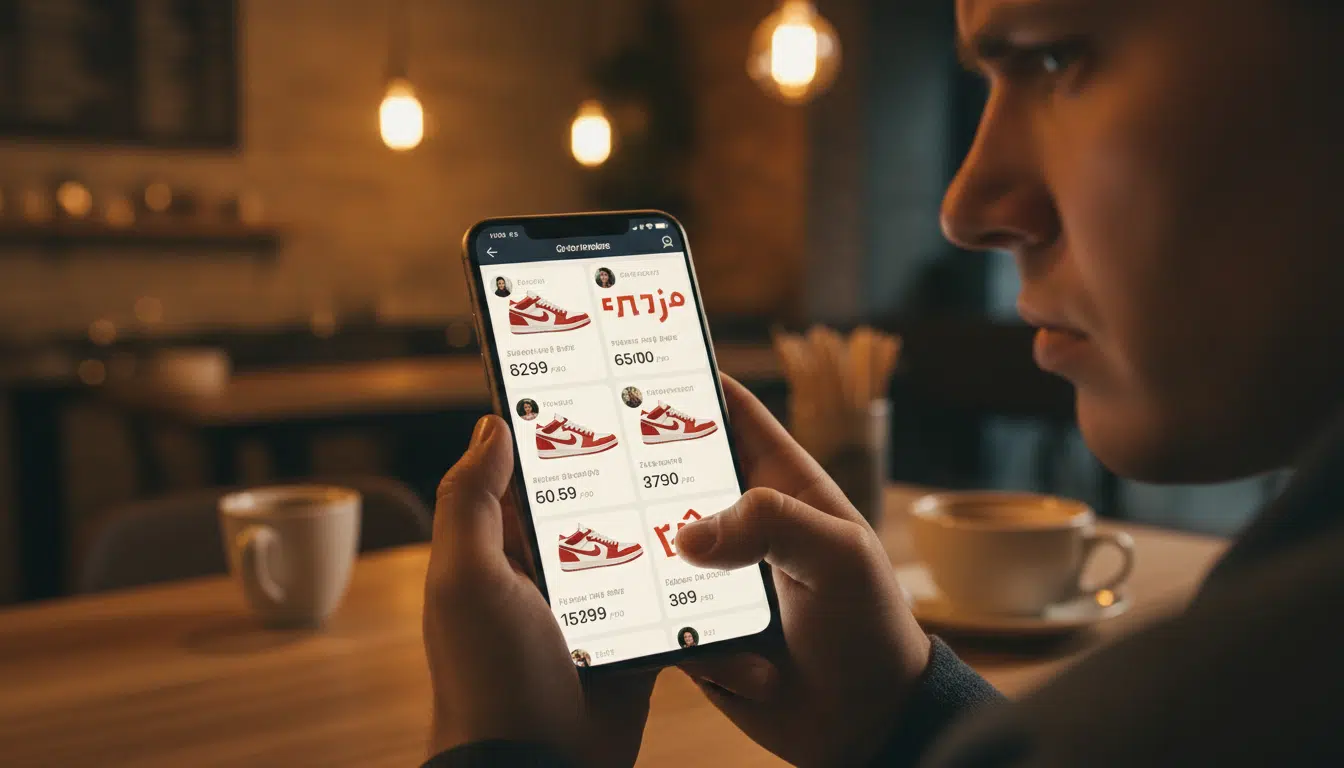 Acheteur comparant les prix sur une marketplace mobile