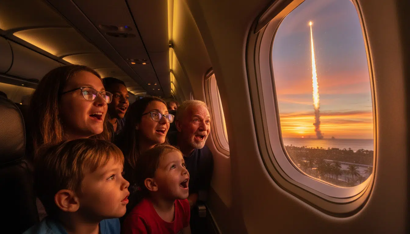 Passagers d'avion filmant le décollage d'Artemis II depuis leur hublot