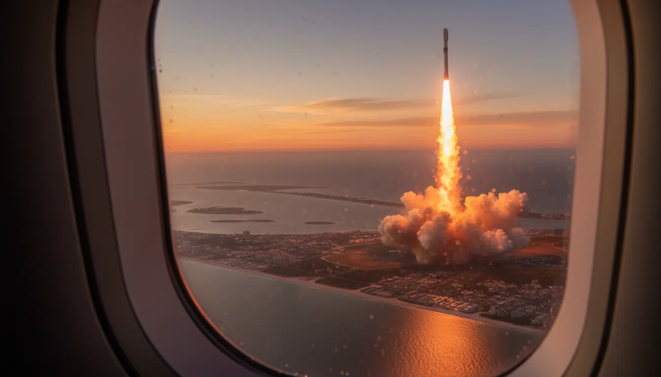 Fusée SLS vue depuis un hublot d'avion au-dessus de la Floride