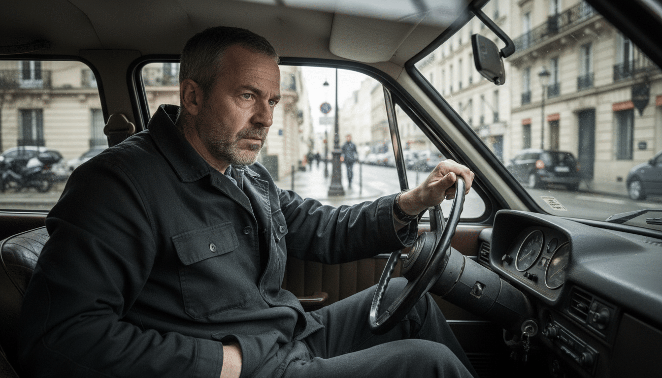A serious middle-aged man in a dark jacket sitting alone in a parked car, discreetly watching through the windshield with a focused and suspicious expression, urban French street in background, soft natural daylight, realistic documentary style photography