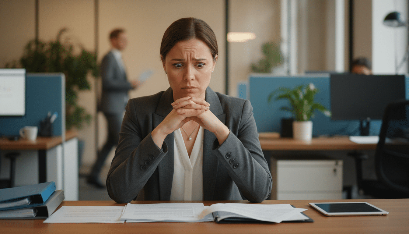Close-up of a concerned businesswoman in a professional office environment looking at documents on her desk with a worried expression, warm indoor lighting, blurred background with office furniture, realistic corporate photography style