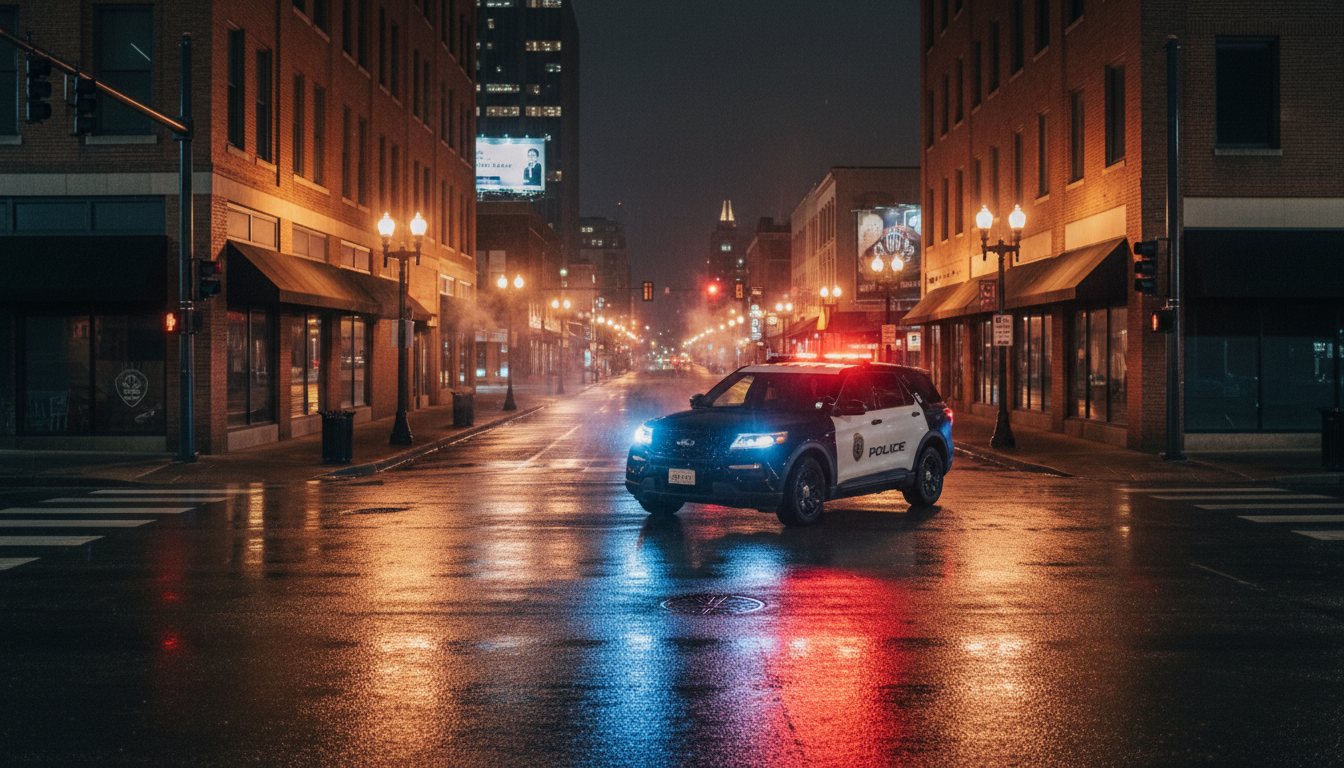 Véhicule de police dans une rue d'Oklahoma City la nuit