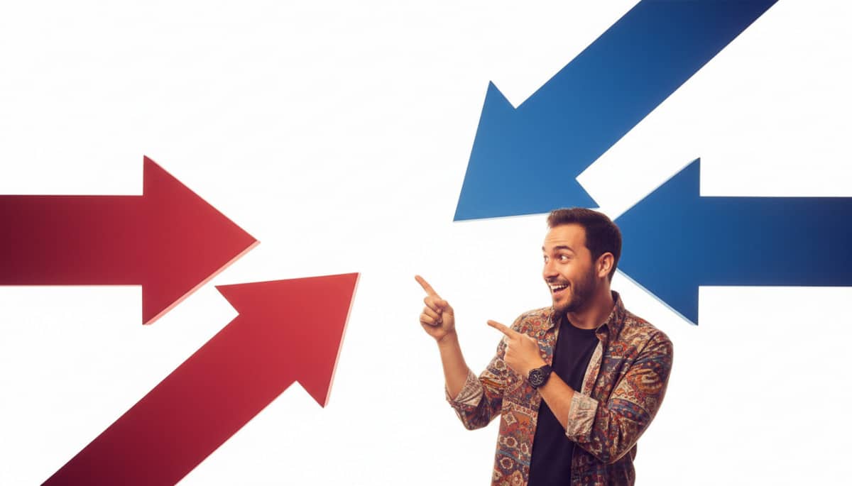 Designer pointant l'espace blanc caché entre deux flèches colorées