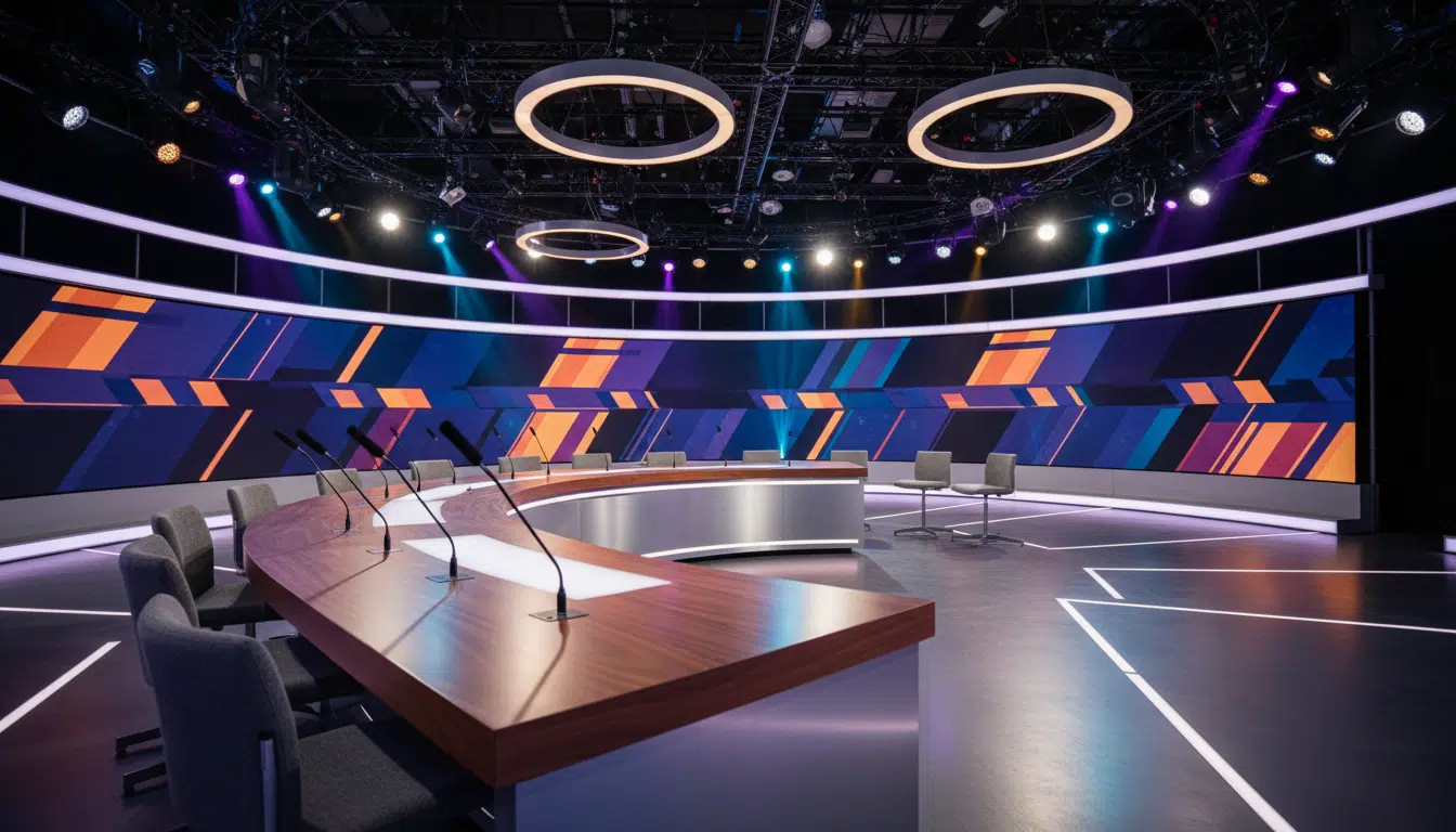 Plateau de talk-show à la française, rappelant l'univers de TPMP où officiait Jean-Michel Maire