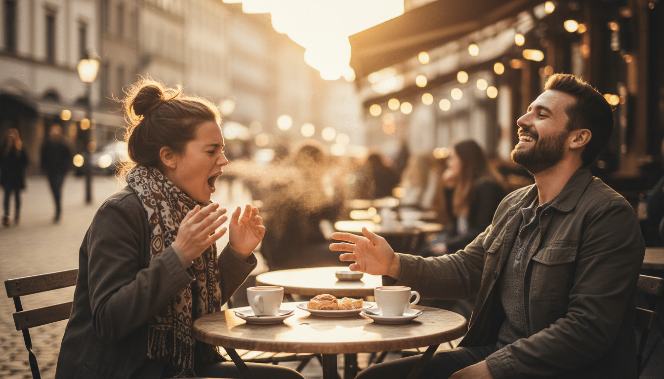 Deux amis au café, l'un éternue les yeux fermés