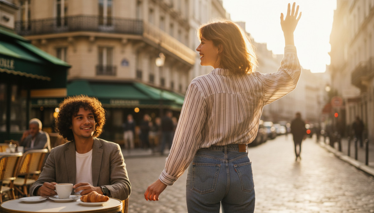 Deux amis français se disant au revoir dans une rue parisienne