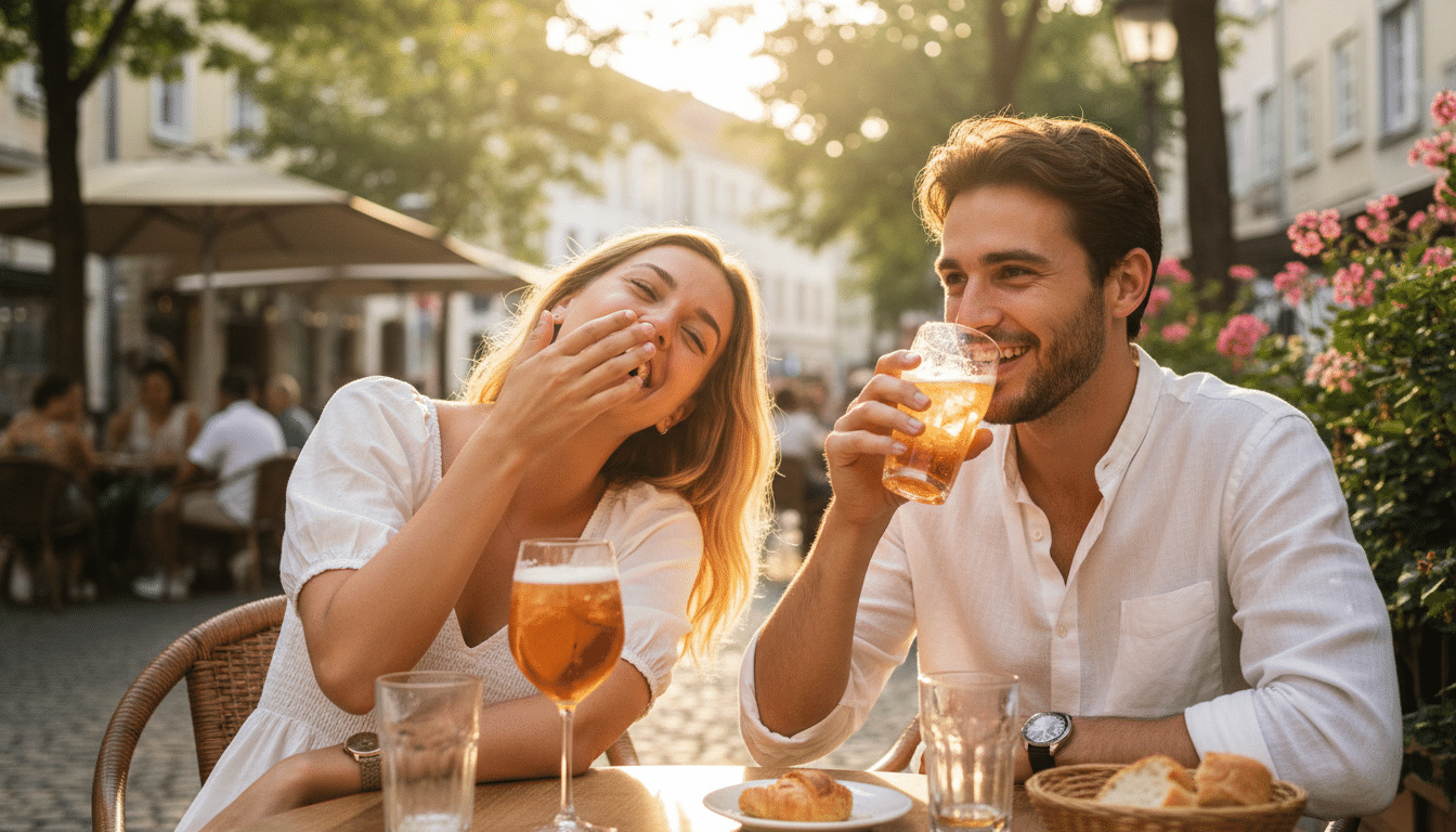 Deux amis riant après avoir bu des sodas en terrasse