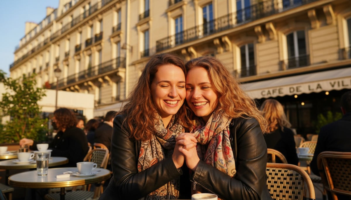 Deux amis se disant au revoir dans un café parisien