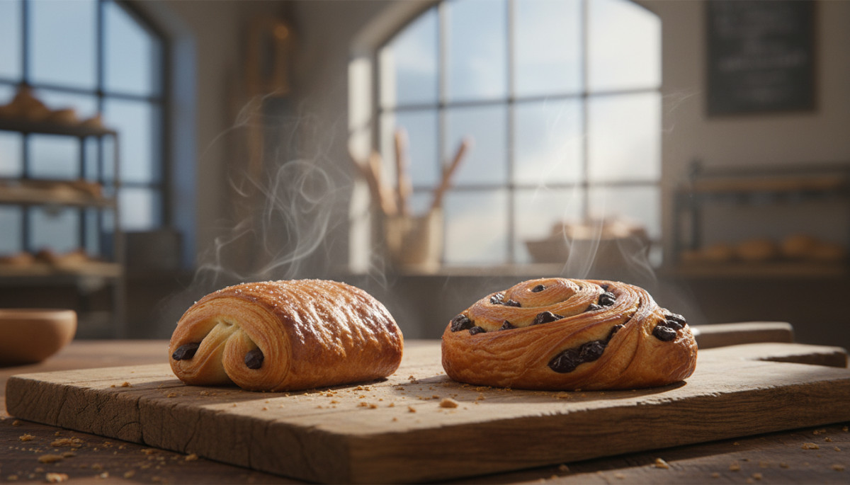 Deux chocolatines côte à côte sur planche en bois