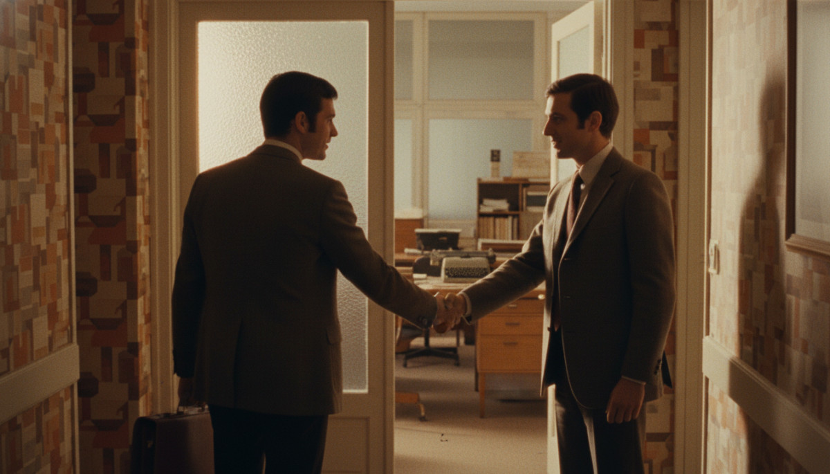 Deux collègues français se saluant dans un couloir de bureau années 70