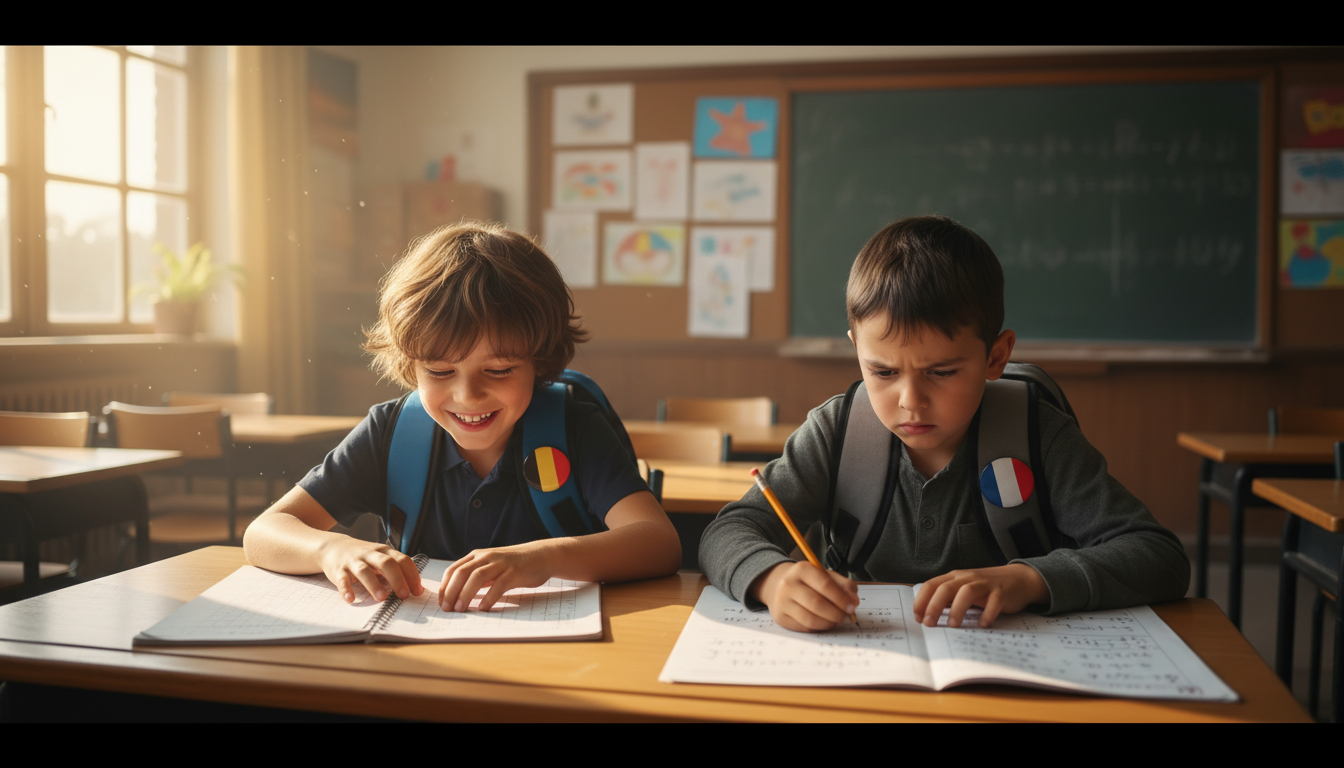 Deux enfants comparant exercices de maths français et belge