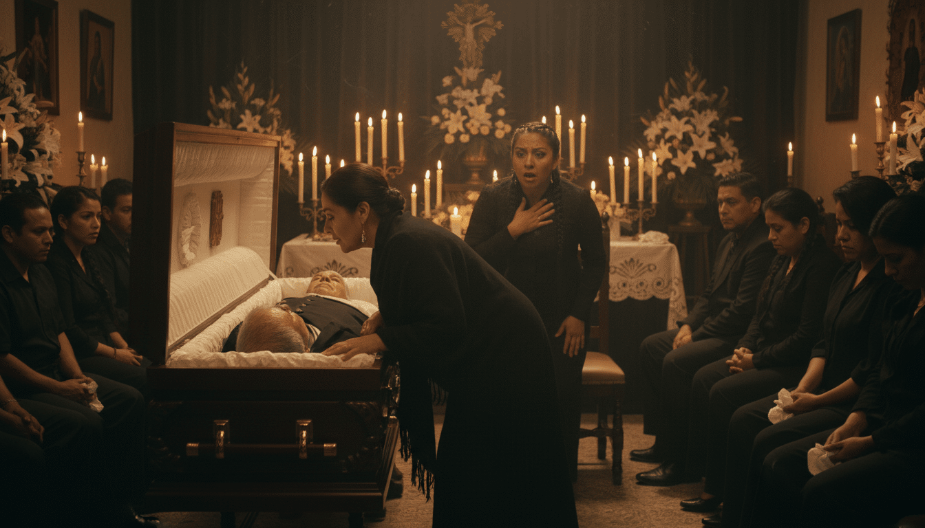 Femme murmurant un adieu près du cercueil lors d'une veillée funèbre