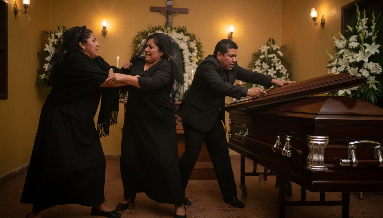 Deux femmes se battent à côté d'un cercueil lors de funérailles