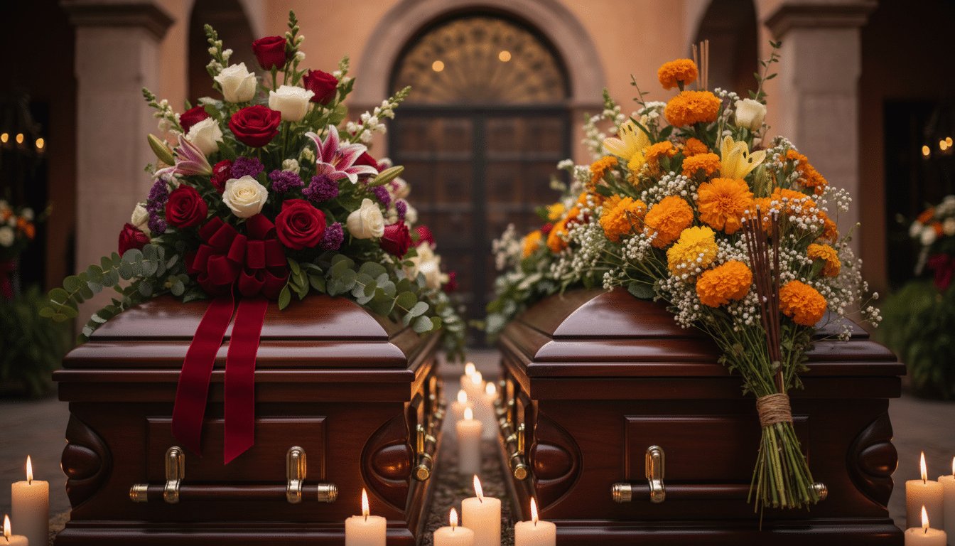 Cercueil entouré de fleurs dans un funérarium mexicain