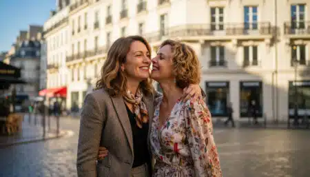 Deux femmes françaises qui se font la bise dans la rue