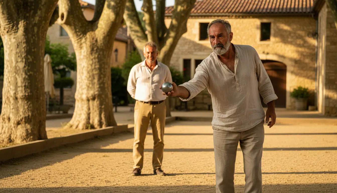 Deux hommes jouant à la pétanque dans un village