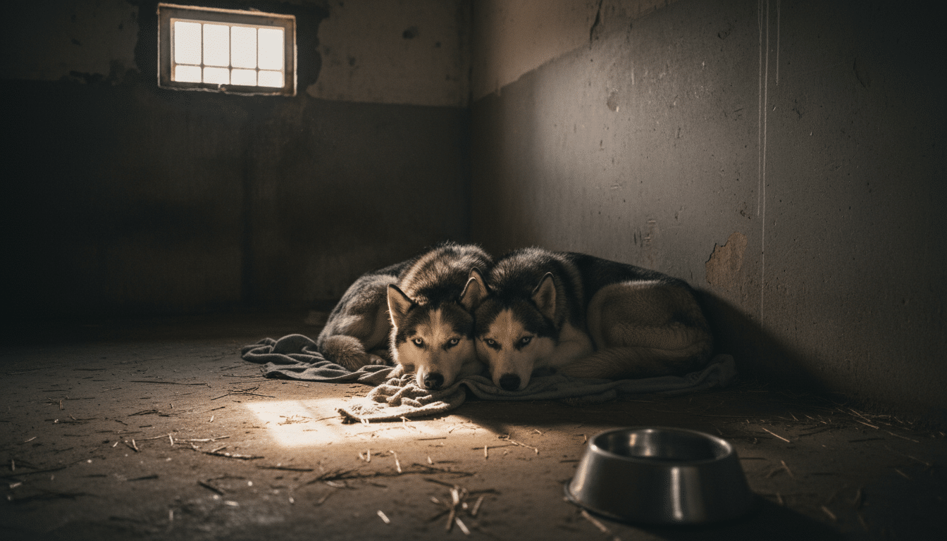 Deux Huskies blottis dans un chenil de refuge