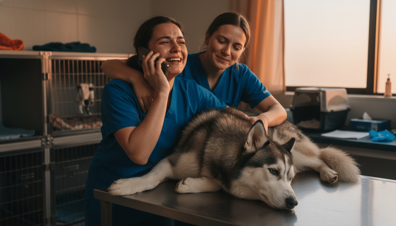 Équipe de sauvetage soulagée auprès d'un Husky qui se réveille