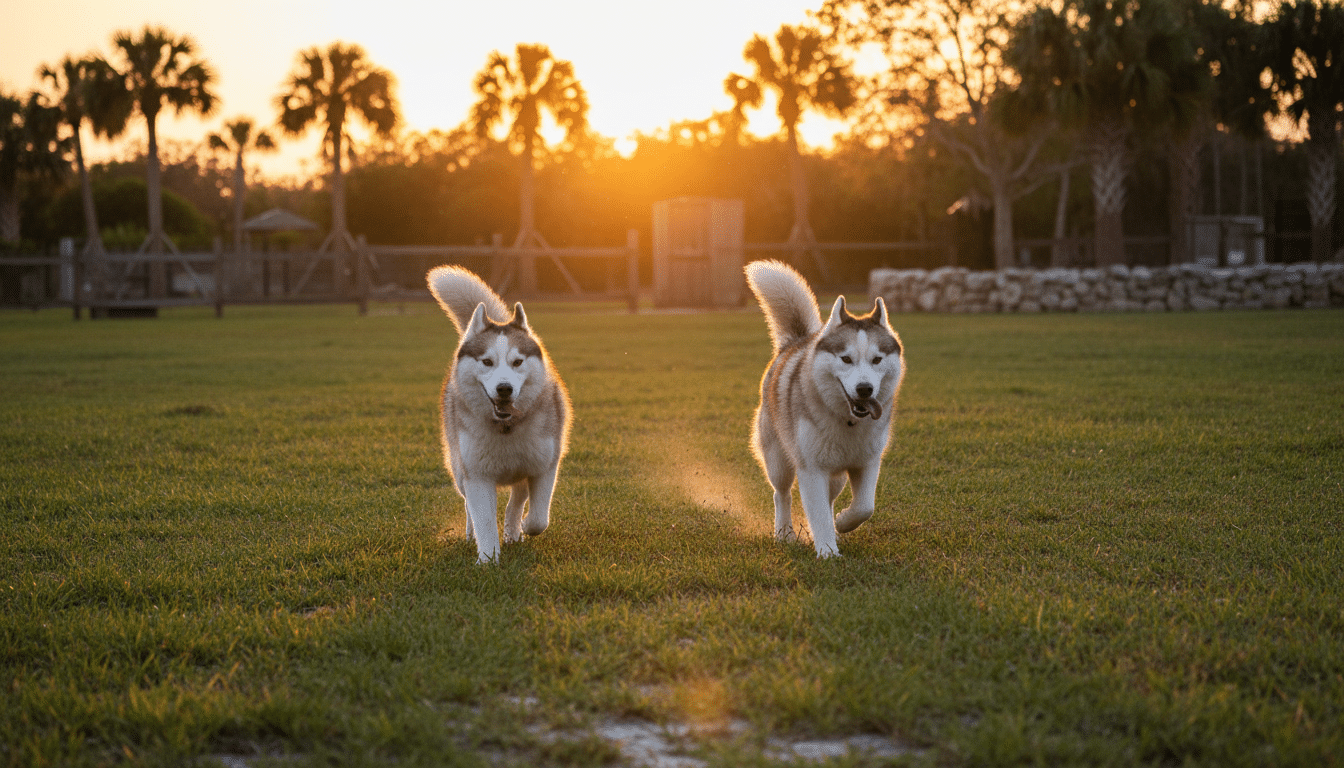 Deux Huskies heureux courant dans un refuge en Floride