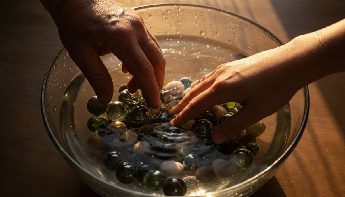 Deux mains comparant doigts fripés et normaux dans l'eau