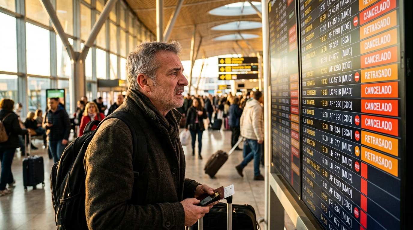 Voyageur inquiet devant un tableau de vols annulés