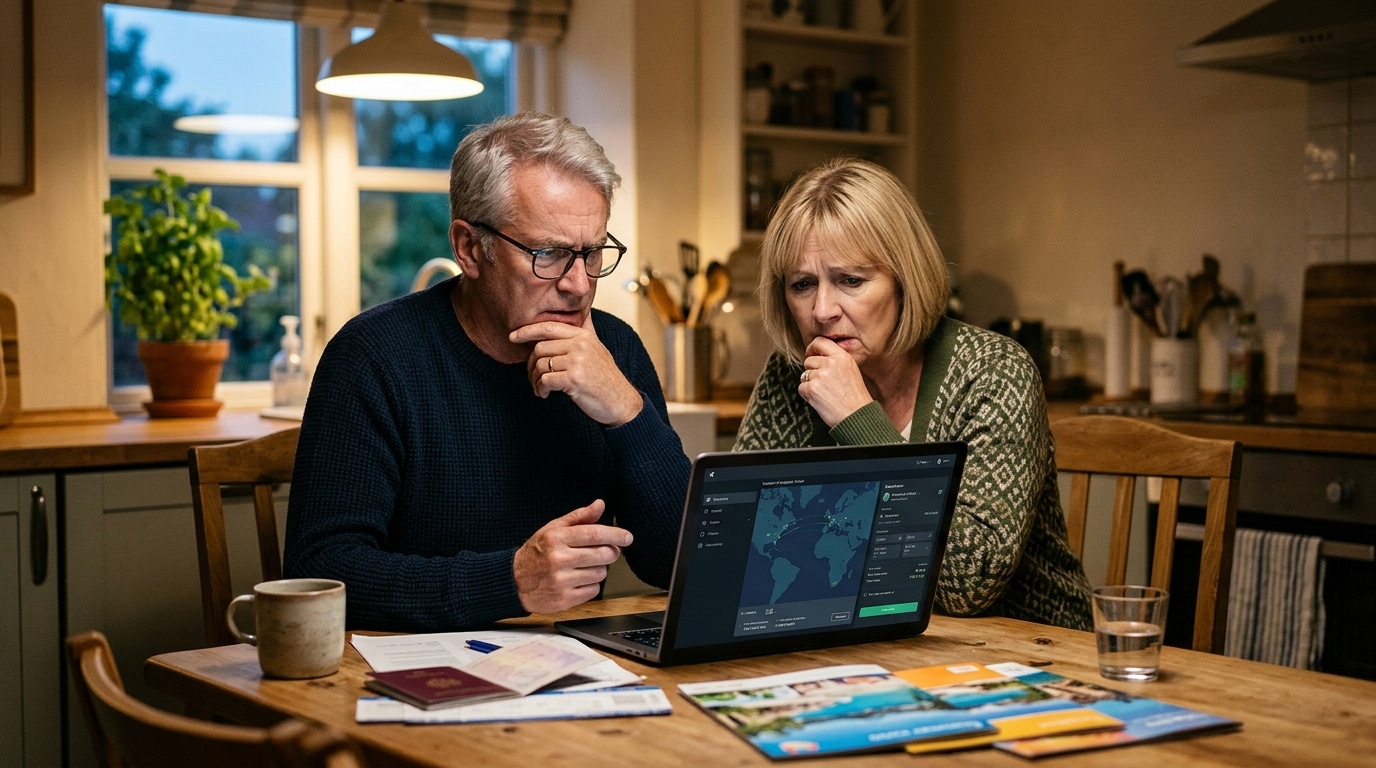 Couple hésitant à réserver leurs billets d'avion pour l'été