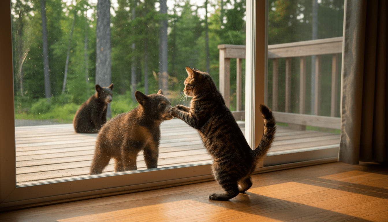 Chat Scooter face à deux oursons derrière une porte vitrée