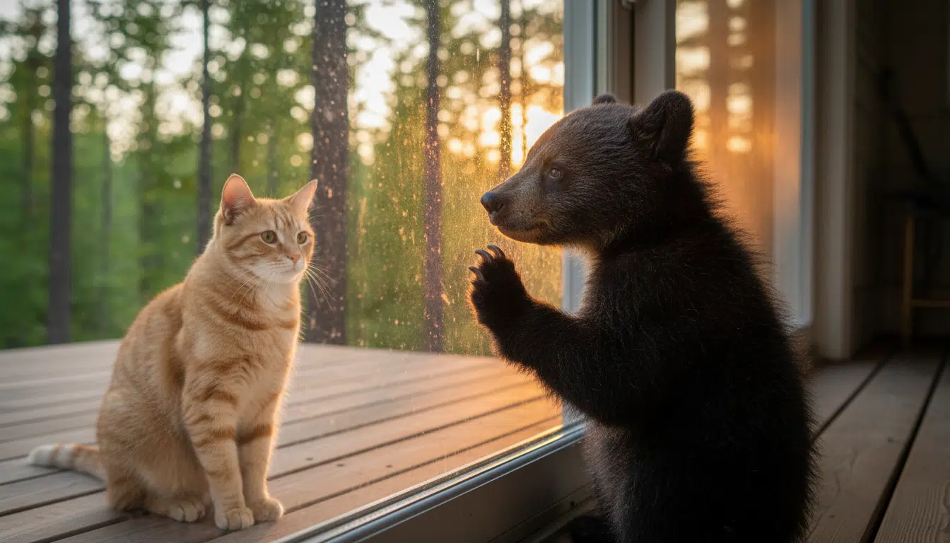 Ourson posant sa patte sur la vitre d'un porche