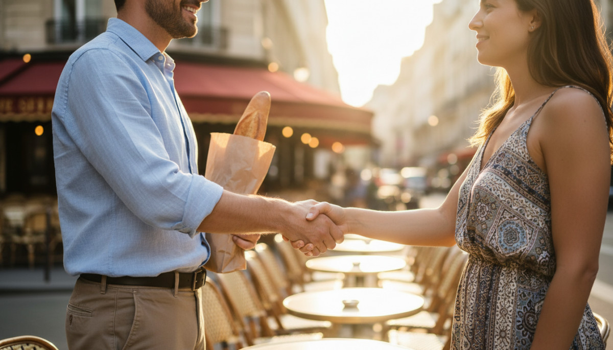 Deux personnes échangeant un au revoir chaleureux dans une rue française