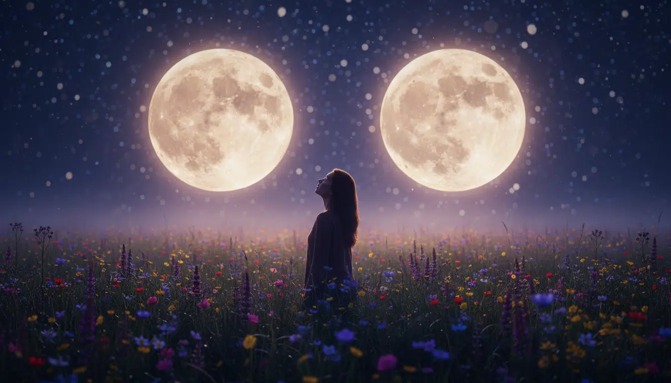 Personne contemplant deux pleines lunes dans un champ fleuri