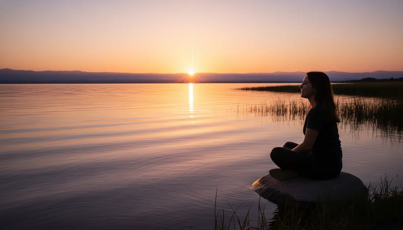 Personne au bord d'un lac au crépuscule doré en pleine réflexion