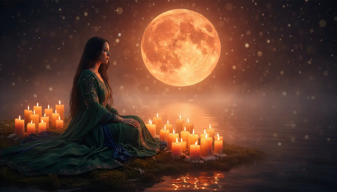 Femme méditant aux bougies sous la pleine lune en Scorpion