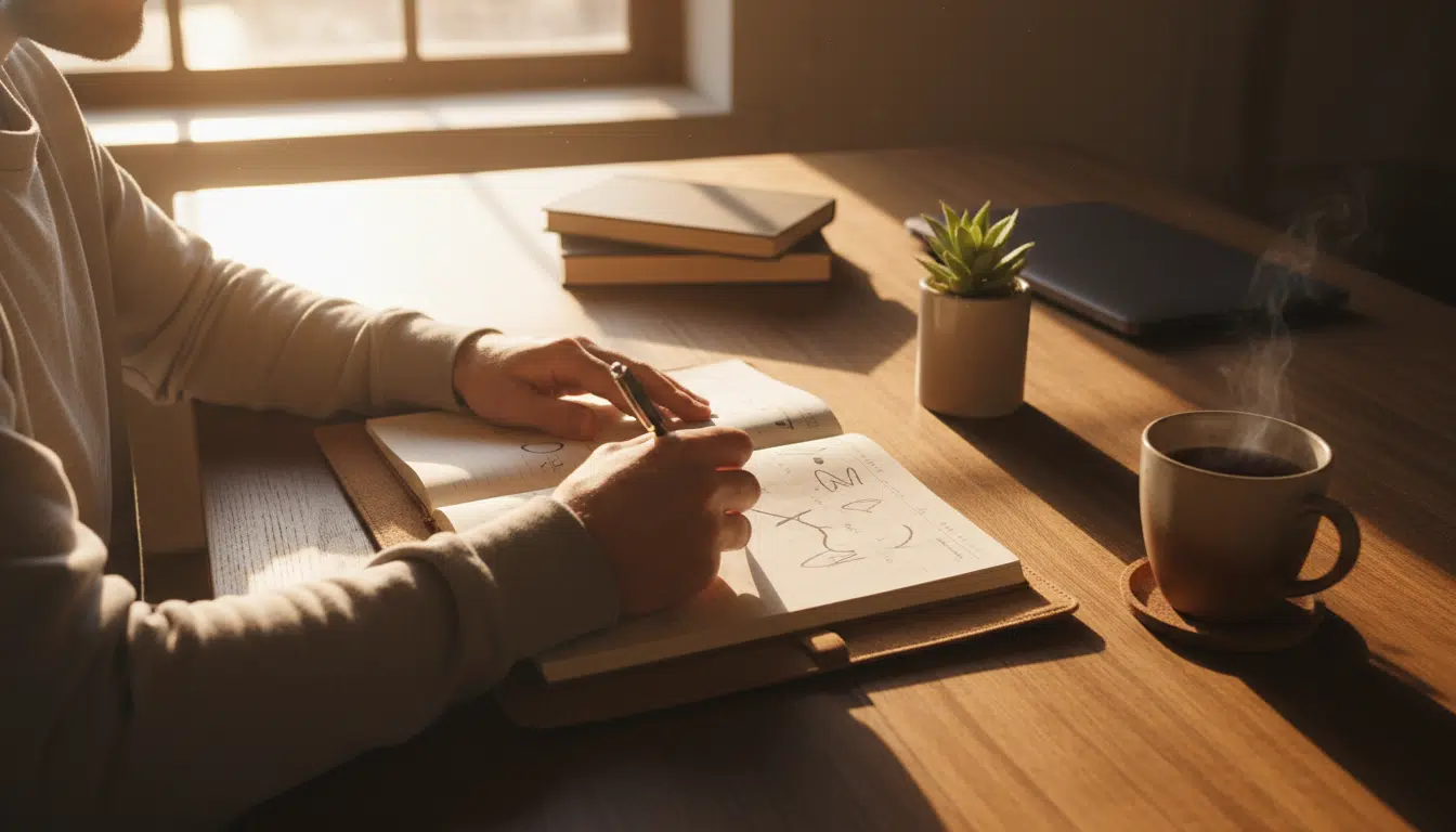 Personne organisant son planning lunaire à un bureau ensoleillé