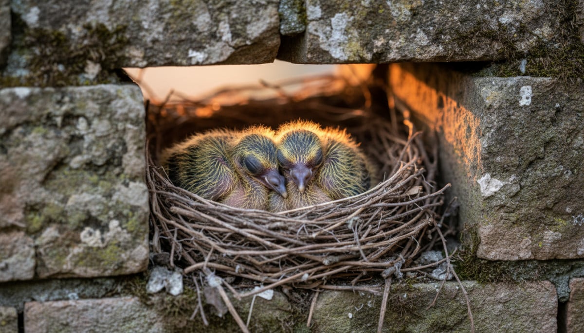 Deux poussins de pigeon nouveau-nés dans leur nid